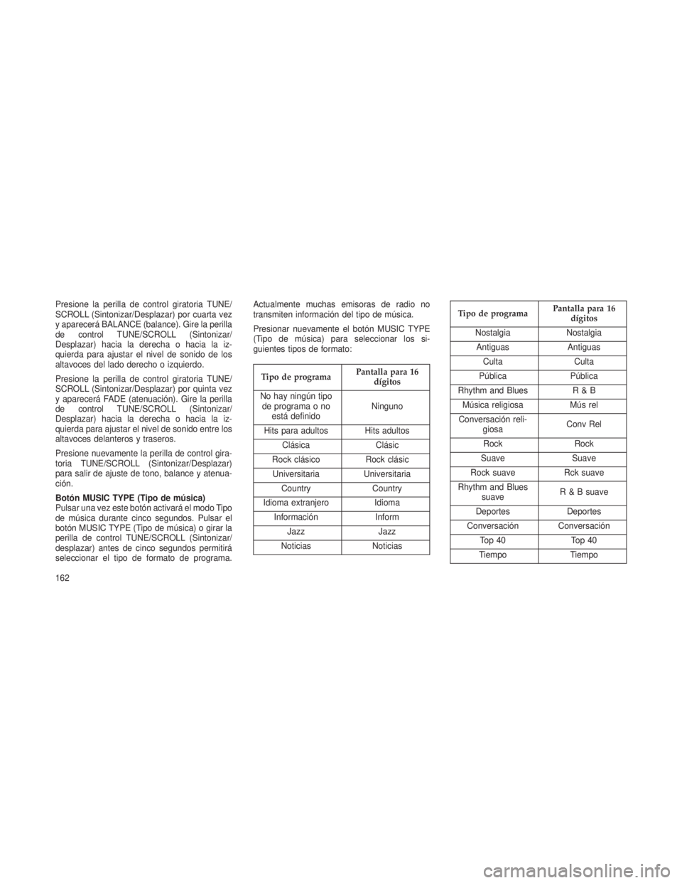 JEEP PATRIOT 2021  Manual de Empleo y Cuidado (in Spanish) Presione la perilla de control giratoria TUNE/
SCROLL (Sintonizar/Desplazar) por cuarta vez
y aparecerá BALANCE (balance). Gire la perilla
de control TUNE/SCROLL (Sintonizar/
Desplazar) hacia la dere