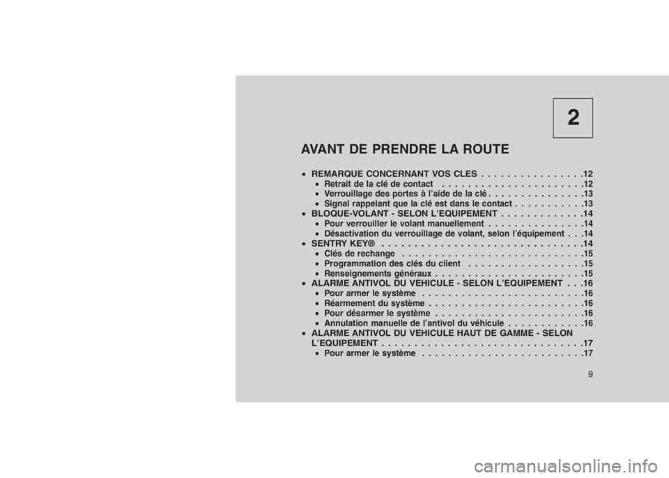 JEEP PATRIOT 2021 Notice dentretien (in French) 2
AVANT DE PRENDRE LA ROUTE
•REMARQUE CONCERNANT VOS CLES . . . . . . ..........12•Retrait de la clé de contact......................12
•Verrouillage des portes à l’aide de la clé.......... JEEP PATRIOT 2021 Notice dentretien (in French) 2
AVANT DE PRENDRE LA ROUTE
•REMARQUE CONCERNANT VOS CLES . . . . . . ..........12•Retrait de la clé de contact......................12
•Verrouillage des portes à l’aide de la clé..........