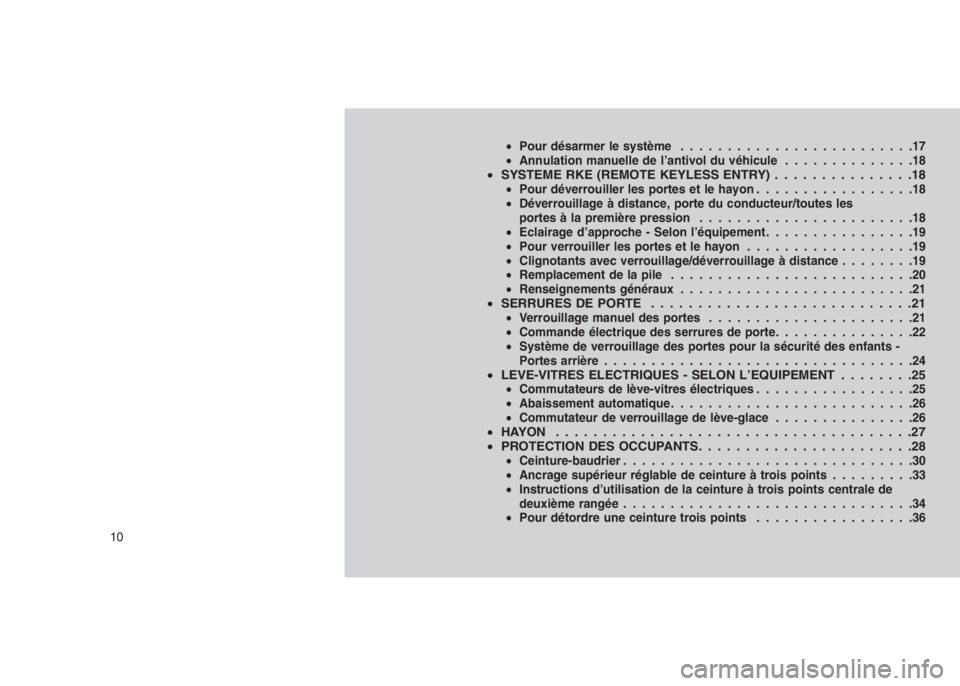 JEEP PATRIOT 2019  Notice dentretien (in French) 
•Pour désarmer le système .........................17
• Annulation manuelle de l’antivol du véhicule ..............18
•SYSTEME RKE (REMOTE KEYLESS ENTRY) . . . . . . . . . . . . . . .18•