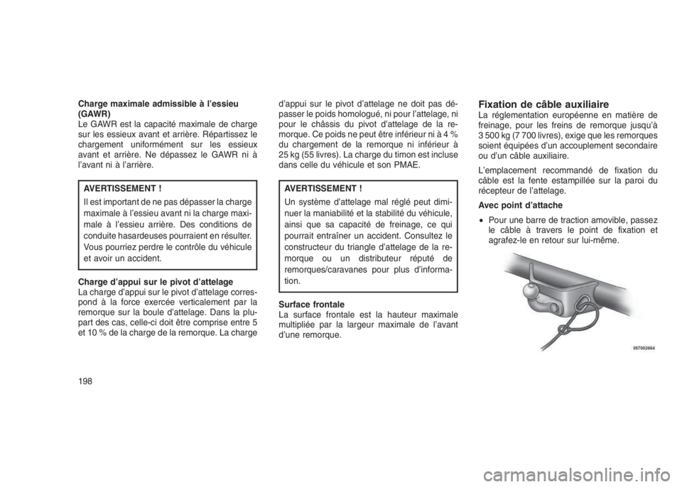 JEEP PATRIOT 2021 Notice dentretien (in French) Charge maximale admissible à l’essieu
(GAWR)
Le GAWR est la capacité maximale de charge
sur les essieux avant et arrière. Répartissez le
chargement uniformément sur les essieux
avant et arrièr JEEP PATRIOT 2021 Notice dentretien (in French) Charge maximale admissible à l’essieu
(GAWR)
Le GAWR est la capacité maximale de charge
sur les essieux avant et arrière. Répartissez le
chargement uniformément sur les essieux
avant et arrièr