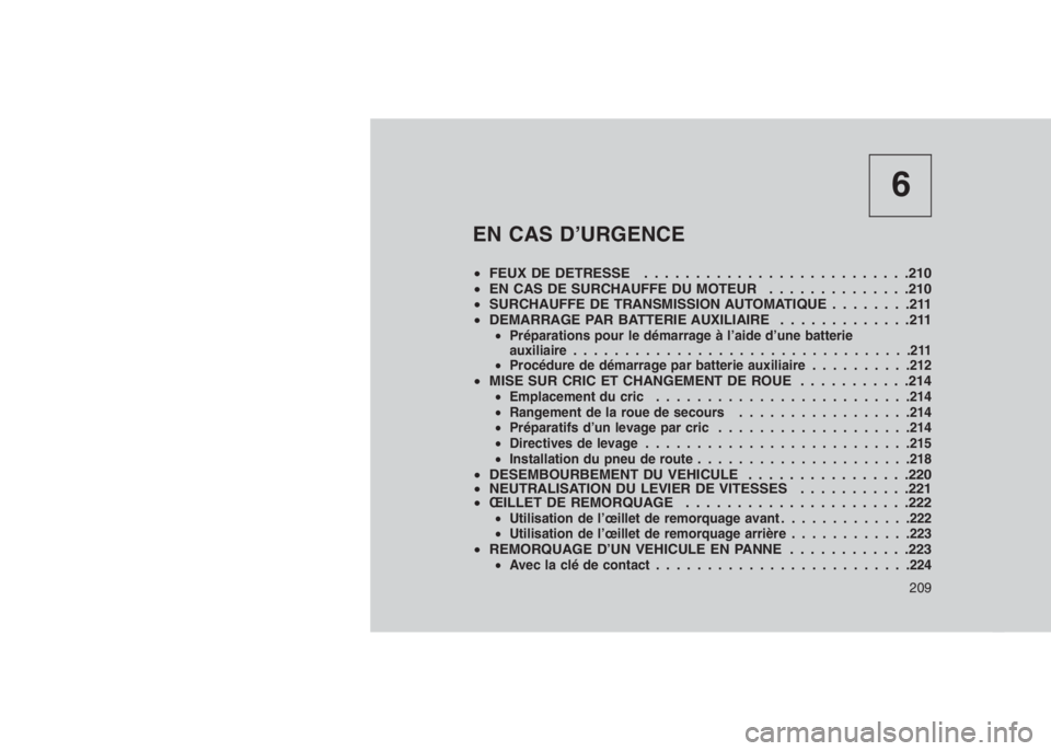 JEEP PATRIOT 2021  Notice dentretien (in French) 6
EN CAS D’URGENCE
•FEUX DE DETRESSE . . . . . . . . . . ................210
•EN CAS DE SURCHAUFFE DU MOTEUR . . . ...........210
•SURCHAUFFE DE TRANSMISSION AUTOMATIQUE . . . . . . . .211
•