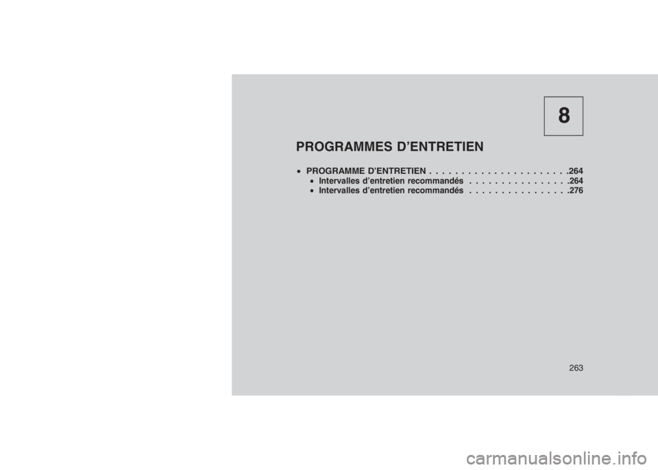 JEEP PATRIOT 2021 Notice dentretien (in French) 8
PROGRAMMES D’ENTRETIEN
•PROGRAMME D’ENTRETIEN . . . . . . . . . . . ...........264•Intervalles d’entretien recommandés................264
•Intervalles d’entretien recommandés........ JEEP PATRIOT 2021 Notice dentretien (in French) 8
PROGRAMMES D’ENTRETIEN
•PROGRAMME D’ENTRETIEN . . . . . . . . . . . ...........264•Intervalles d’entretien recommandés................264
•Intervalles d’entretien recommandés........