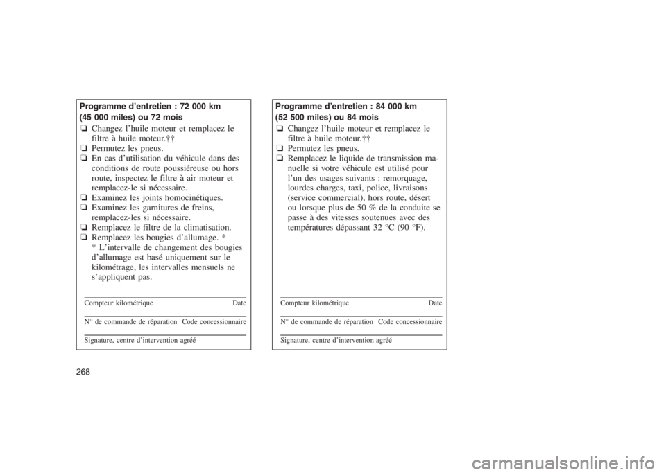 JEEP PATRIOT 2021 Notice dentretien (in French)
Programme d’entretien : 72 000 km
(45 000 miles) ou 72 mois
❏Changez l’huile moteur et remplacez le
filtre à huile moteur.††
❏ Permutez les pneus.
❏ En cas d’utilisation du véhicule JEEP PATRIOT 2021 Notice dentretien (in French)
Programme d’entretien : 72 000 km
(45 000 miles) ou 72 mois
❏Changez l’huile moteur et remplacez le
filtre à huile moteur.††
❏ Permutez les pneus.
❏ En cas d’utilisation du véhicule