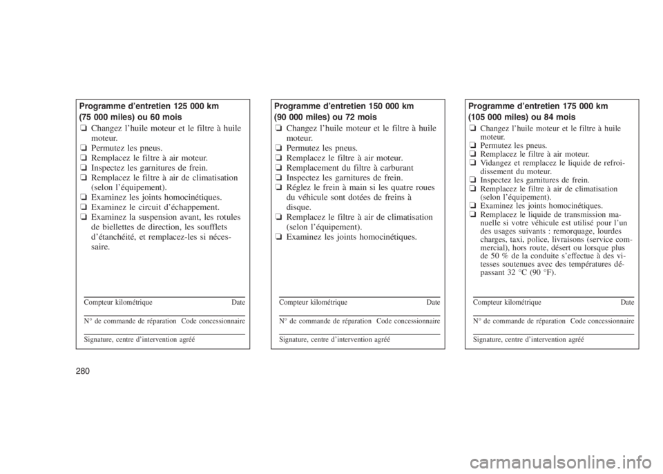 JEEP PATRIOT 2021 Notice dentretien (in French)
Programme d’entretien 125 000 km
(75 000 miles) ou 60 mois
❏Changez l’huile moteur et le filtre à huile
moteur.
❏ Permutez les pneus.
❏ Remplacez le filtre à air moteur.
❏ Inspectez les JEEP PATRIOT 2021 Notice dentretien (in French)
Programme d’entretien 125 000 km
(75 000 miles) ou 60 mois
❏Changez l’huile moteur et le filtre à huile
moteur.
❏ Permutez les pneus.
❏ Remplacez le filtre à air moteur.
❏ Inspectez les