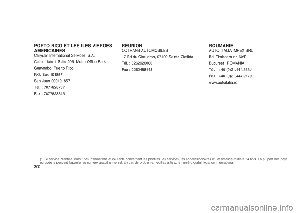 JEEP PATRIOT 2021 Notice dentretien (in French)
PORTO RICO ET LES ILES VIERGES
AMERICAINES
Chrysler International Services, S.A.
Calle 1 lote 1 Suite 205, Metro Office Park
Guaynabo, Puerto Rico
P.O. Box 191857
San Juan 009191857
Tél. : 787782575 JEEP PATRIOT 2021 Notice dentretien (in French)
PORTO RICO ET LES ILES VIERGES
AMERICAINES
Chrysler International Services, S.A.
Calle 1 lote 1 Suite 205, Metro Office Park
Guaynabo, Puerto Rico
P.O. Box 191857
San Juan 009191857
Tél. : 787782575