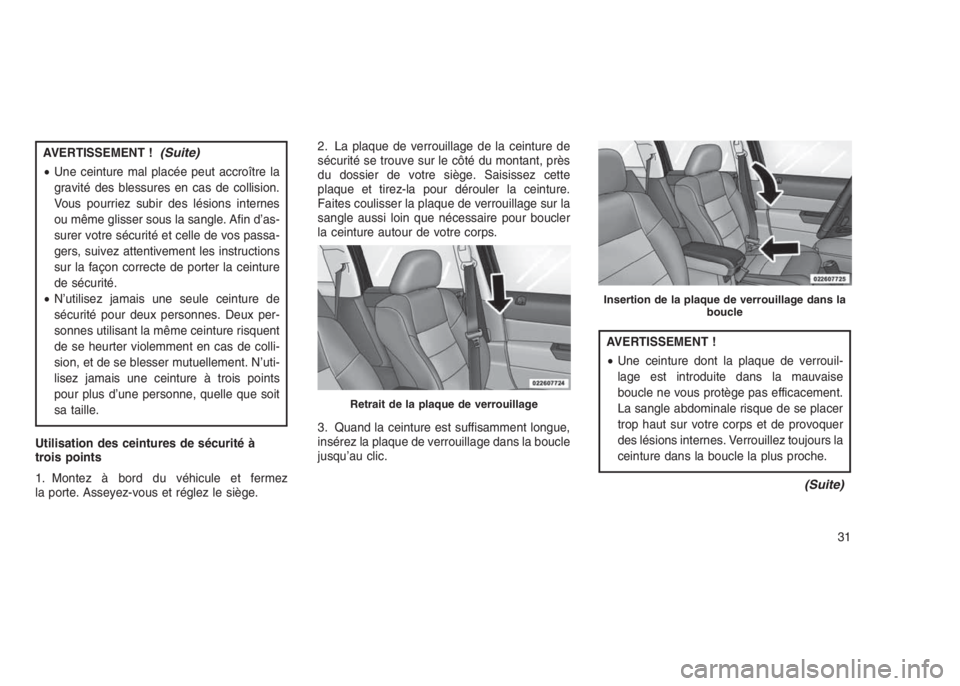 JEEP PATRIOT 2021 Notice dentretien (in French) AVERTISSEMENT !(Suite)
•Une ceinture mal placée peut accroître la
gravité des blessures en cas de collision.
Vous pourriez subir des lésions internes
ou même glisser sous la sangle. Afin d’as JEEP PATRIOT 2021 Notice dentretien (in French) AVERTISSEMENT !(Suite)
•Une ceinture mal placée peut accroître la
gravité des blessures en cas de collision.
Vous pourriez subir des lésions internes
ou même glisser sous la sangle. Afin d’as