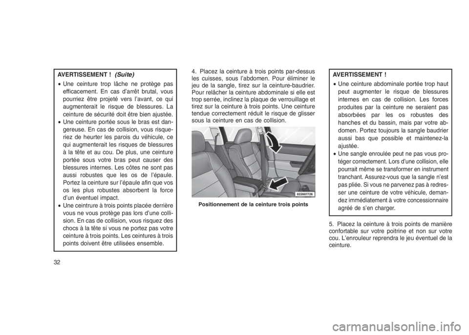 JEEP PATRIOT 2021 Notice dentretien (in French) AVERTISSEMENT !(Suite)
•Une ceinture trop lâche ne protège pas
efficacement. En cas d’arrêt brutal, vous
pourriez être projeté vers l’avant, ce qui
augmenterait le risque de blessures. La
c JEEP PATRIOT 2021 Notice dentretien (in French) AVERTISSEMENT !(Suite)
•Une ceinture trop lâche ne protège pas
efficacement. En cas d’arrêt brutal, vous
pourriez être projeté vers l’avant, ce qui
augmenterait le risque de blessures. La
c