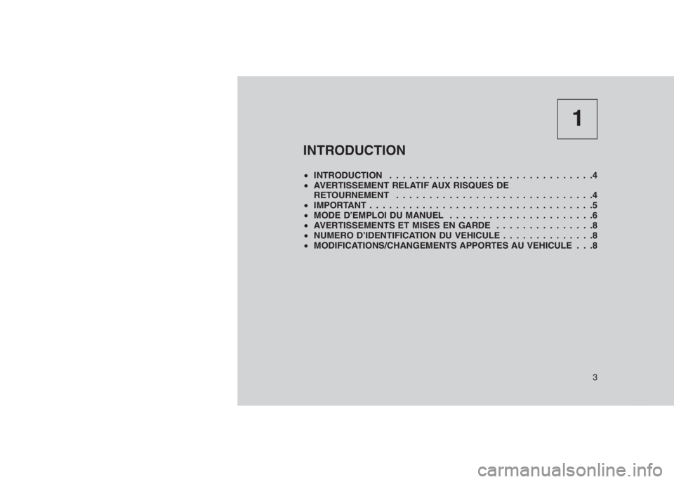 JEEP PATRIOT 2019  Notice dentretien (in French) 1
INTRODUCTION
•INTRODUCTION . . . . . . . . . . . . . . . . . . . ............4
•AVERTISSEMENT RELATIF AUX RISQUES DE
RETOURNEMENT . . . . . . . . . . . ...................4
•IMPORTANT.........