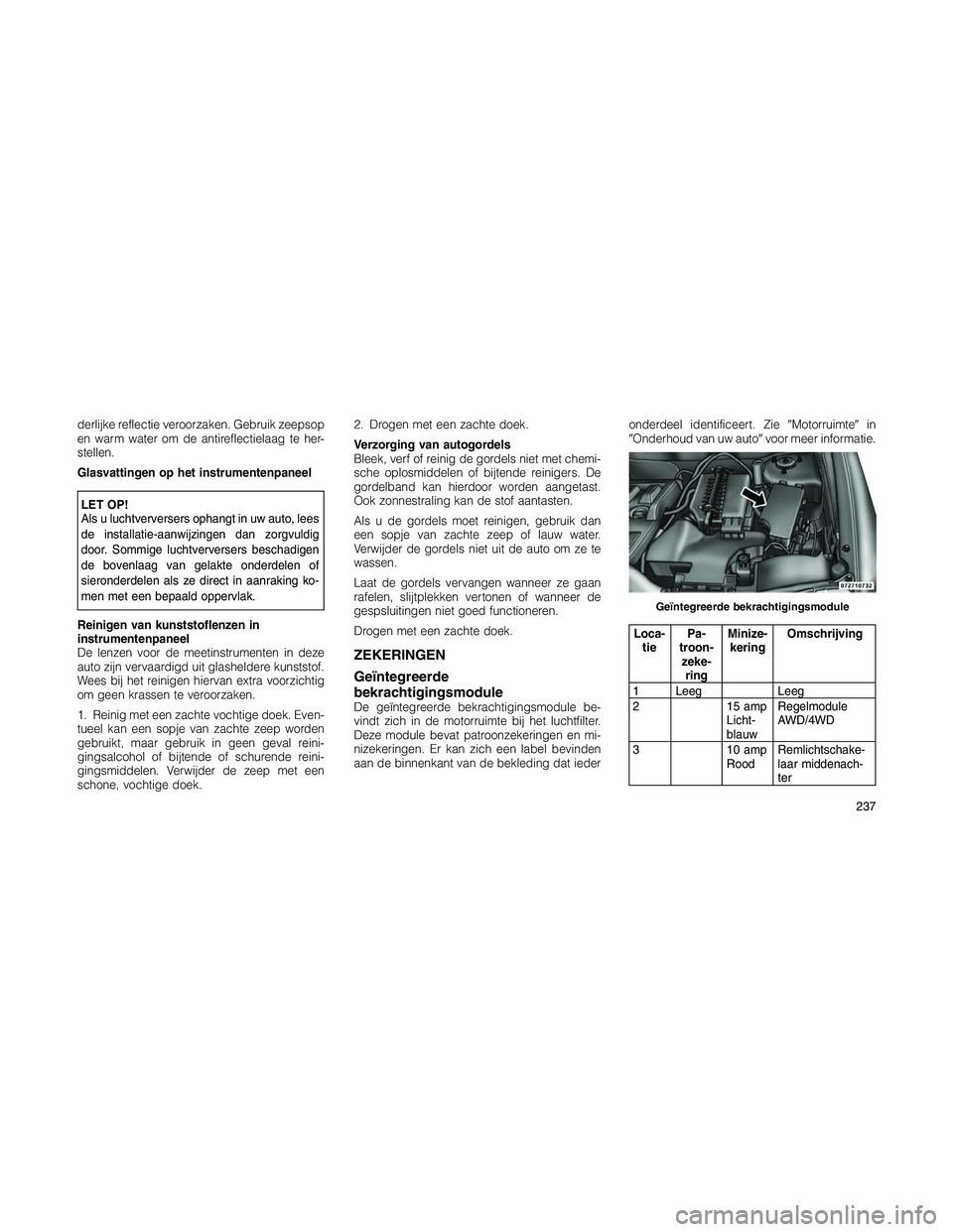 JEEP PATRIOT 2020  Instructieboek (in Dutch) derlijke reflectie veroorzaken. Gebruik zeepsop
en warm water om de antireflectielaag te her-
stellen.
Glasvattingen op het instrumentenpaneel
LET OP!
Als u luchtverversers ophangt in uw auto, lees
de