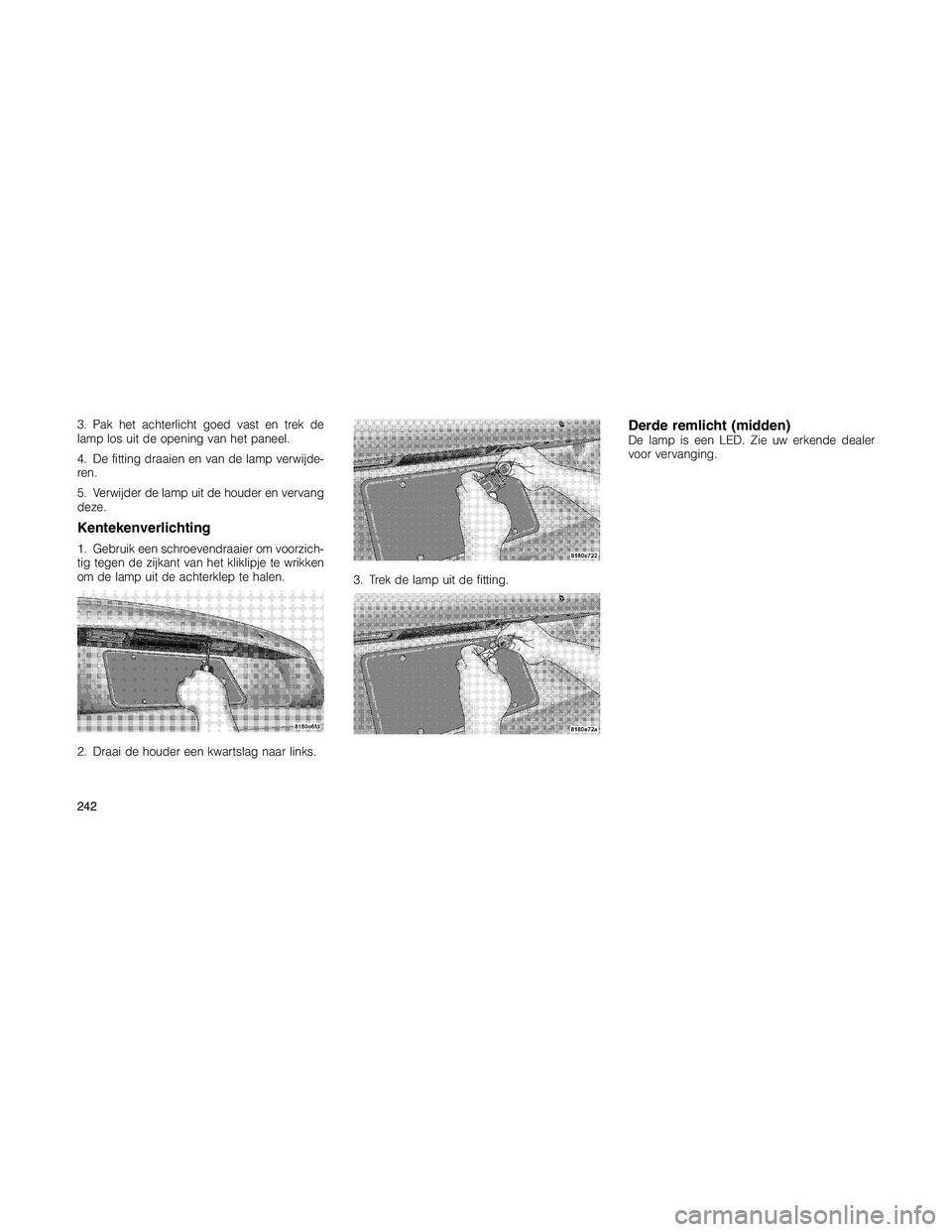 JEEP PATRIOT 2020  Instructieboek (in Dutch) 3. Pak het achterlicht goed vast en trek de
lamp los uit de opening van het paneel.
4. De fitting draaien en van de lamp verwijde-
ren.
5. Verwijder de lamp uit de houder en vervang
deze.
Kentekenverl