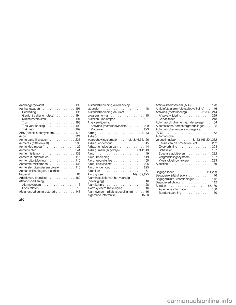 JEEP PATRIOT 2021 Instructieboek (in Dutch) Aanhangergewicht.............193
Aanhangwagen..............191
Bedrading................196
Gewicht trailer en dissel........194
Minimumvereisten............194
Tips....................198
Tips voor k JEEP PATRIOT 2021 Instructieboek (in Dutch) Aanhangergewicht.............193
Aanhangwagen..............191
Bedrading................196
Gewicht trailer en dissel........194
Minimumvereisten............194
Tips....................198
Tips voor k