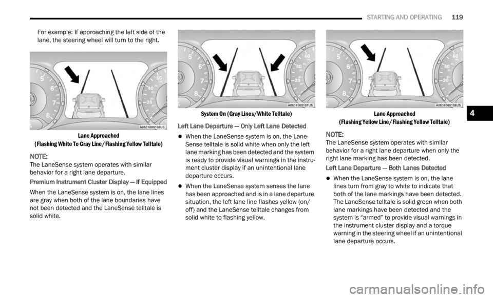 JEEP RENEGADE 2023 Owners Manual
STARTING AND OPERATING 119
For example: If approaching the left side of the
lane, the steering wheel will turn to the right.
Lane Approached
(Flas h
ing White To Gray Line/Flashing Yellow JEEP RENEGADE 2023 Owners Manual
STARTING AND OPERATING 119
For example: If approaching the left side of the
lane, the steering wheel will turn to the right.
Lane Approached
(Flas h
ing White To Gray Line/Flashing Yellow
