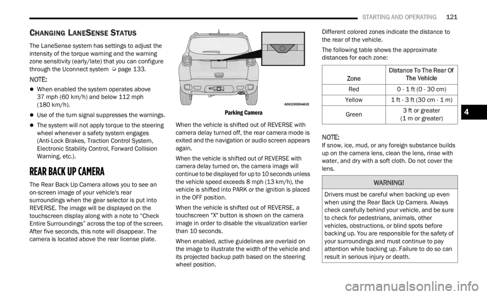JEEP RENEGADE 2023 Owners Manual
STARTING AND OPERATING 121
CHANGING LANESENSE STATUS
The LaneSense system has settings to adjust the
intensity of the torque warning and the warning
zone sensitivity (early/late) that you JEEP RENEGADE 2023 Owners Manual
STARTING AND OPERATING 121
CHANGING LANESENSE STATUS
The LaneSense system has settings to adjust the
intensity of the torque warning and the warning
zone sensitivity (early/late) that you
