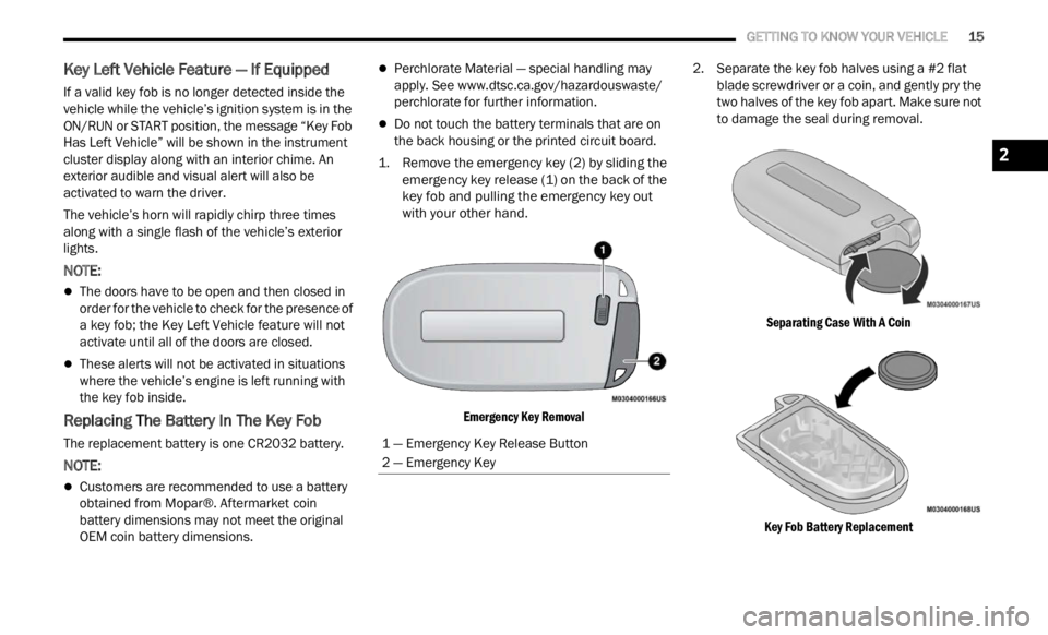 JEEP RENEGADE 2023 Owners Manual
GETTING TO KNOW YOUR VEHICLE 15
Key Left Vehicle Feature — If Equipped
If a valid key fob is no longer detected inside the
vehicle while the vehicle’s ignition system is in the
ON/RUN JEEP RENEGADE 2023 Owners Manual
GETTING TO KNOW YOUR VEHICLE 15
Key Left Vehicle Feature — If Equipped
If a valid key fob is no longer detected inside the
vehicle while the vehicle’s ignition system is in the
ON/RUN