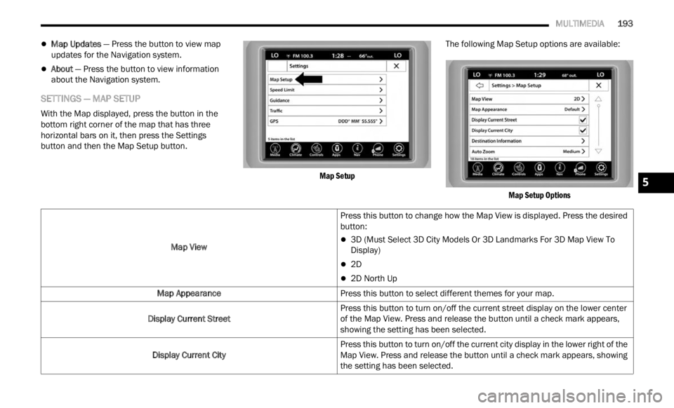 JEEP RENEGADE 2023 User Guide
MULTIMEDIA 193
Map Updates — Press the button to view map
updates for the Navigation system.
About — Press the button to view information
about the Navigation system.
SETTINGS JEEP RENEGADE 2023 User Guide
MULTIMEDIA 193
Map Updates — Press the button to view map
updates for the Navigation system.
About — Press the button to view information
about the Navigation system.
SETTINGS