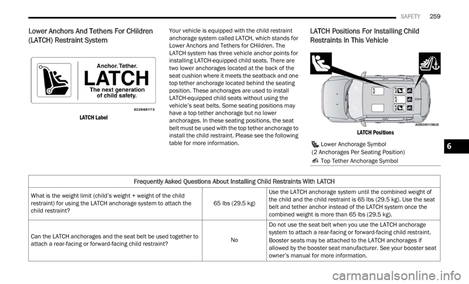 JEEP RENEGADE 2023 Owners Manual
SAFETY 259
Lower Anchors And Tethers For CHildren
(LATCH) Restraint System
LATCH Label
Your vehicle is equipped with the child restraint
anchor
age system called LATCH, which stands fo JEEP RENEGADE 2023 Owners Manual
SAFETY 259
Lower Anchors And Tethers For CHildren
(LATCH) Restraint System
LATCH Label
Your vehicle is equipped with the child restraint
anchor
age system called LATCH, which stands fo