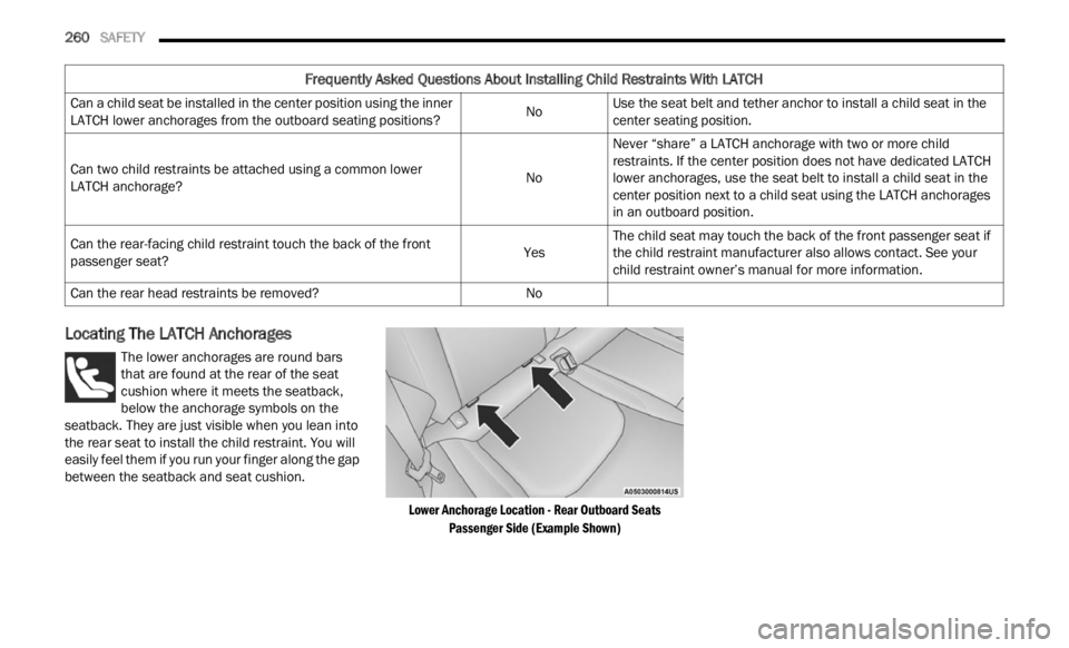 JEEP RENEGADE 2023 Owners Manual
260 SAFETY
Locating The LATCH Anchorages
The lower anchorages are round bars
that are found at the rear of the seat
c
u s
h i
on
where it meets the seatback,
below the anchorage symbols o JEEP RENEGADE 2023 Owners Manual
260 SAFETY
Locating The LATCH Anchorages
The lower anchorages are round bars
that are found at the rear of the seat
c
u s
h i
on
where it meets the seatback,
below the anchorage symbols o