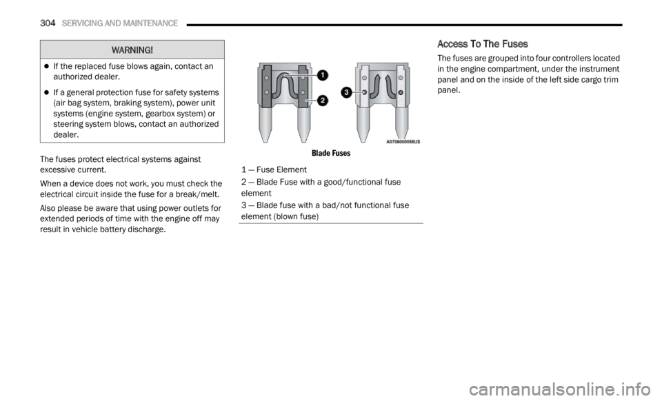 JEEP RENEGADE 2023 Owners Manual
304 SERVICING AND MAINTENANCE
The fuses protect electrical systems against
excessive current.
When a device does not work, you must check the
electr
ical circuit inside the fuse for a break JEEP RENEGADE 2023 Owners Manual
304 SERVICING AND MAINTENANCE
The fuses protect electrical systems against
excessive current.
When a device does not work, you must check the
electr
ical circuit inside the fuse for a break