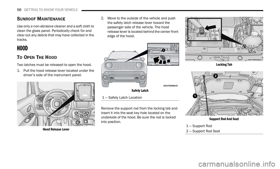 JEEP RENEGADE 2023 Owners Manual
56 GETTING TO KNOW YOUR VEHICLE
SUNROOF MAINTENANCE
Use only a non-abrasive cleaner and a soft cloth to
clean the glass panel. Periodically check for and
clear out any debris that may have c JEEP RENEGADE 2023 Owners Manual
56 GETTING TO KNOW YOUR VEHICLE
SUNROOF MAINTENANCE
Use only a non-abrasive cleaner and a soft cloth to
clean the glass panel. Periodically check for and
clear out any debris that may have c
