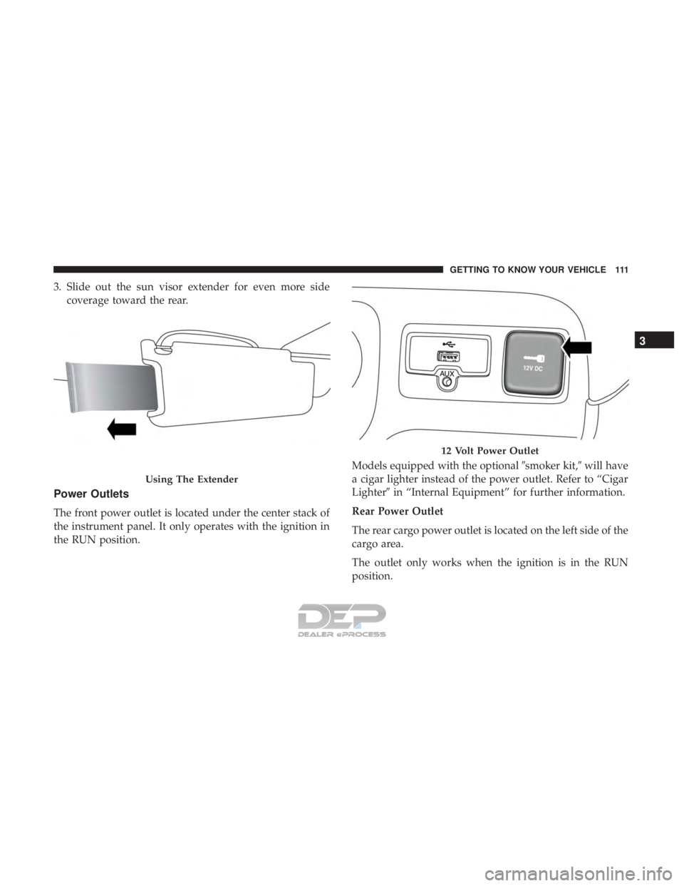 JEEP RENEGADE LATITUDE 2017 Owners Manual 12 Volt Power Outlet
3
GETTING TO KNOW YOUR VEHICLE 111 JEEP RENEGADE LATITUDE 2017 Owners Manual 12 Volt Power Outlet
3
GETTING TO KNOW YOUR VEHICLE 111