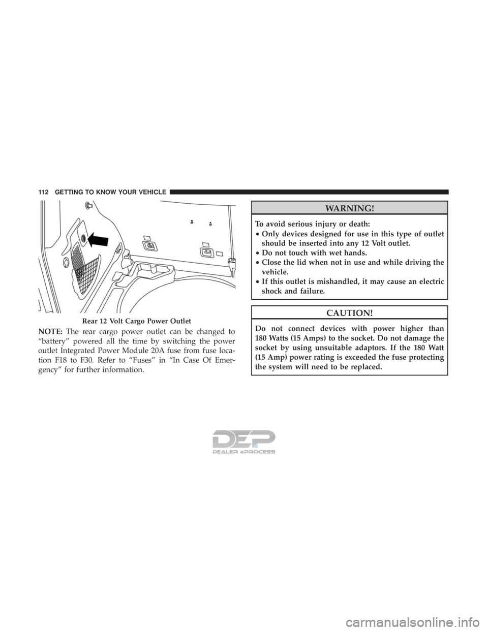 JEEP RENEGADE LATITUDE 2017 Owners Manual NOTE:The rear cargo power outlet can be changed to
“battery” powered all the time by switching the power
outlet Integrated Power Module 20A fuse from fuse loca-
tion F18 to F30. Refer to “Fuses JEEP RENEGADE LATITUDE 2017 Owners Manual NOTE:The rear cargo power outlet can be changed to
“battery” powered all the time by switching the power
outlet Integrated Power Module 20A fuse from fuse loca-
tion F18 to F30. Refer to “Fuses