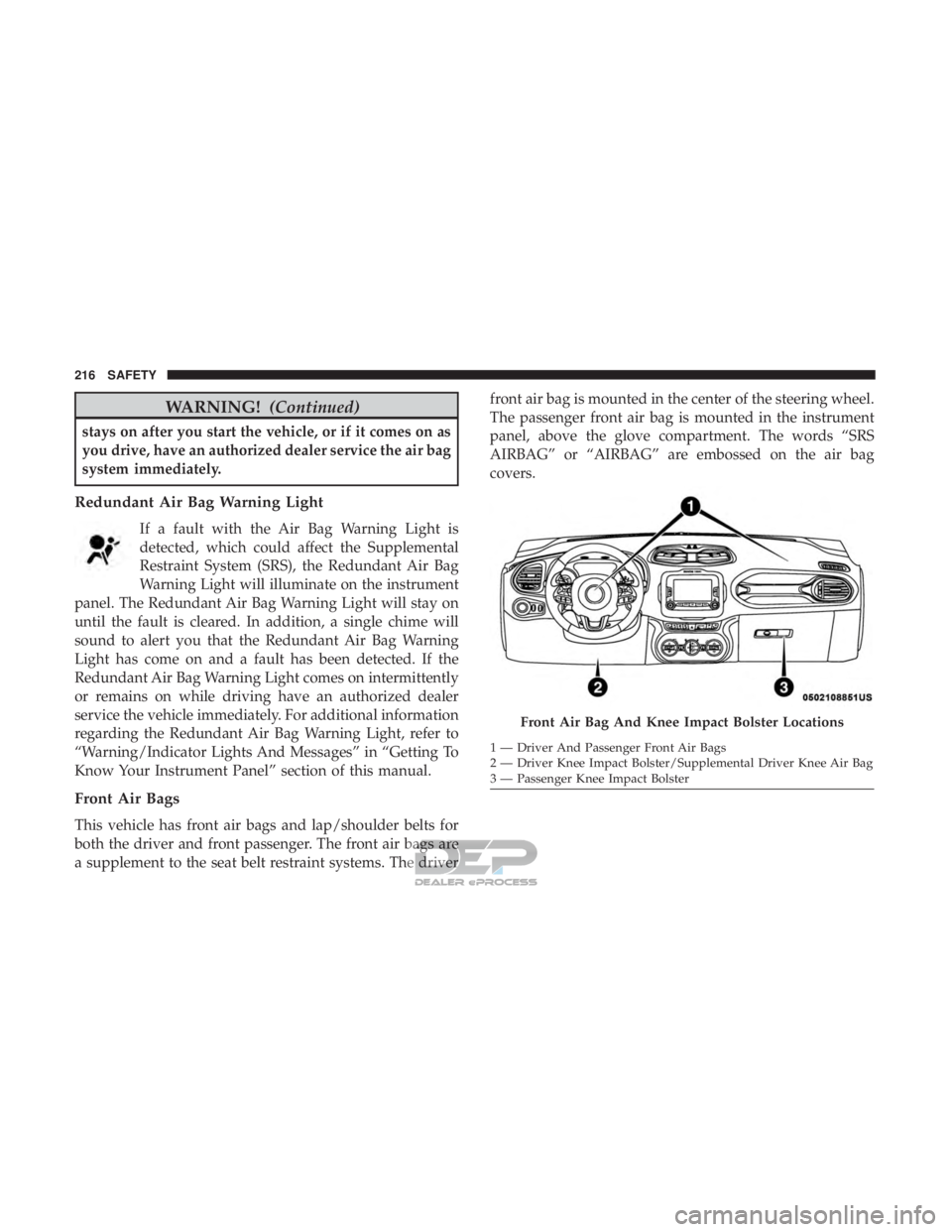 JEEP RENEGADE LATITUDE 2017 Owners Manual WARNING!(Continued)
stays on after you start the vehicle, or if it comes on as
you drive, have an authorized dealer service the air bag
system immediately.
Redundant Air Bag Warning Light
If a fault w JEEP RENEGADE LATITUDE 2017 Owners Manual WARNING!(Continued)
stays on after you start the vehicle, or if it comes on as
you drive, have an authorized dealer service the air bag
system immediately.
Redundant Air Bag Warning Light
If a fault w