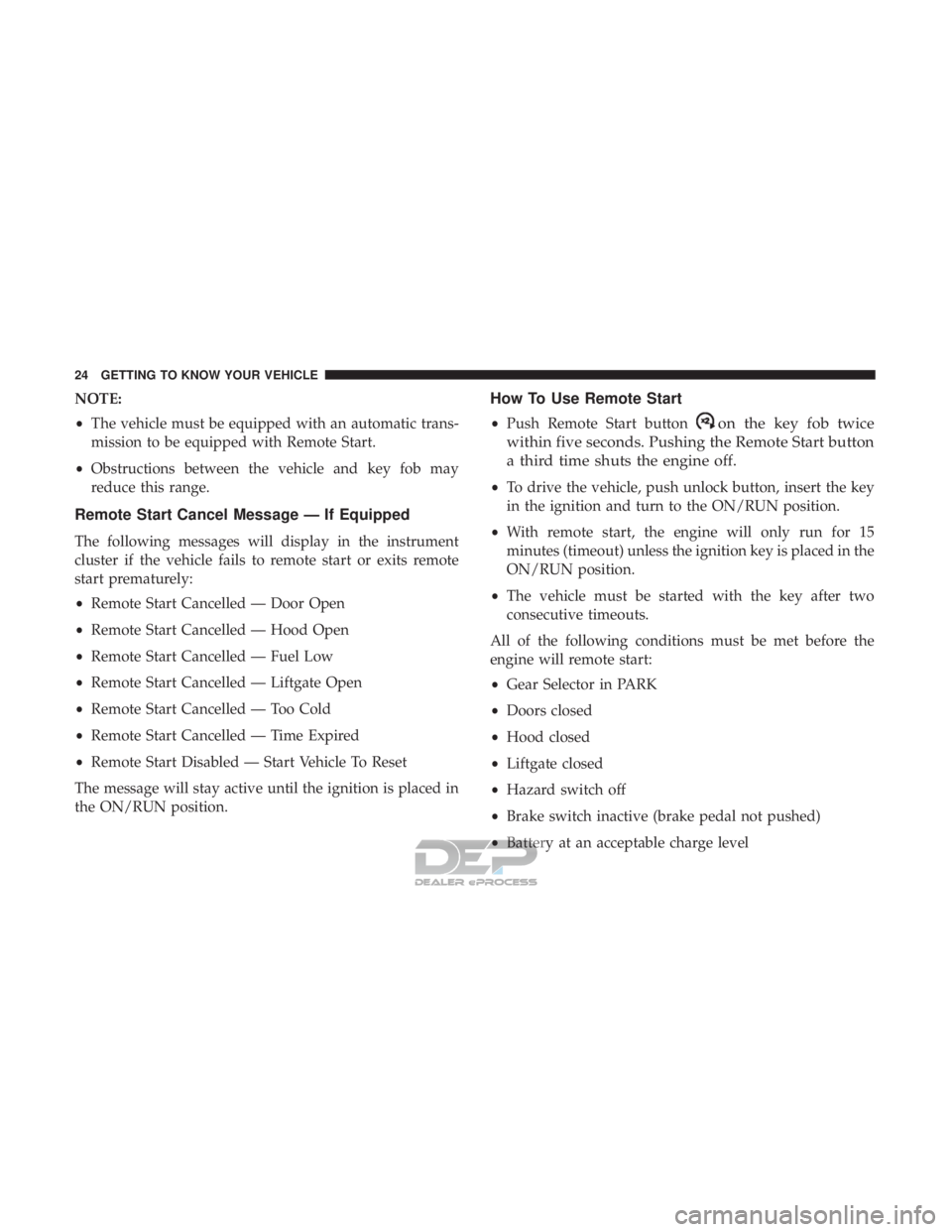 JEEP RENEGADE LATITUDE 2017 Owners Manual on the key fob twice
within five seconds. Pushing the Remote Start button
a third time shuts the engine off.
• To drive the vehicle, push unlock button, insert the key
in the ignition and turn to th JEEP RENEGADE LATITUDE 2017 Owners Manual on the key fob twice
within five seconds. Pushing the Remote Start button
a third time shuts the engine off.
• To drive the vehicle, push unlock button, insert the key
in the ignition and turn to th