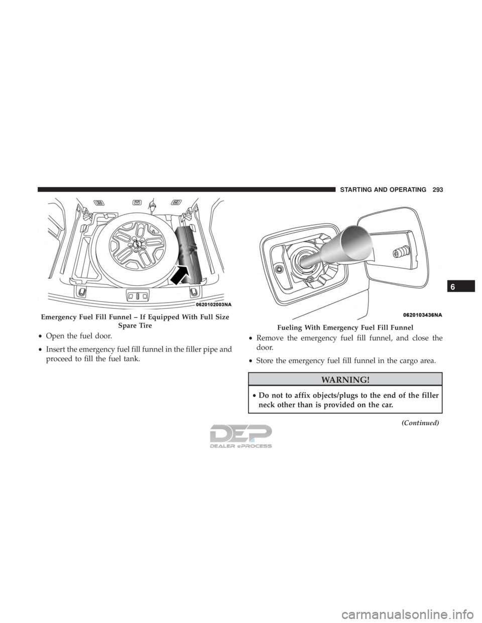 JEEP RENEGADE LATITUDE 2017  Owners Manual •Open the fuel door.
• Insert the emergency fuel fill funnel in the filler pipe and
proceed to fill the fuel tank. •
Remove the emergency fuel fill funnel, and close the
door.
• Store the emer