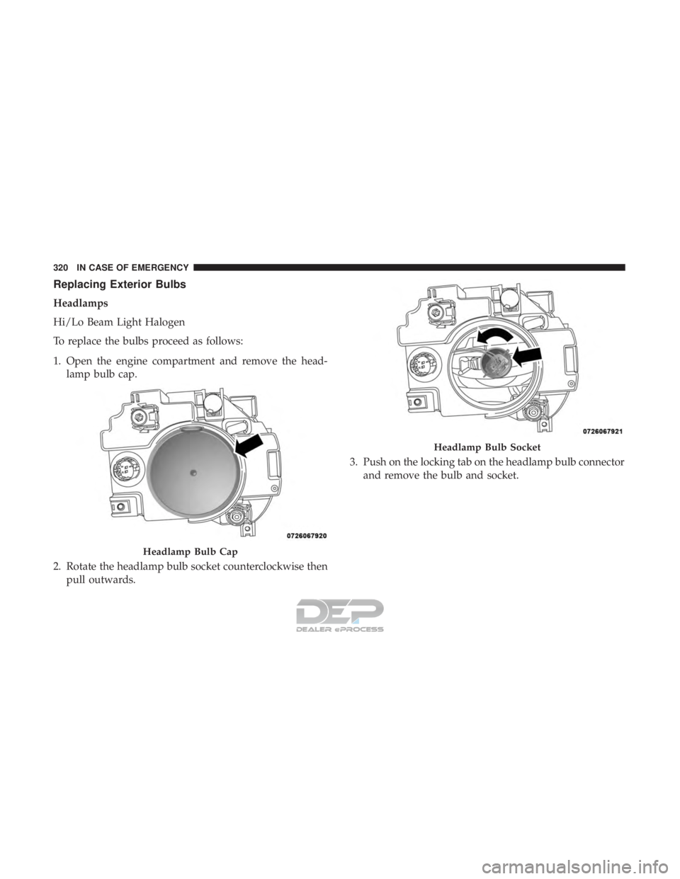 JEEP RENEGADE LATITUDE 2017  Owners Manual Headlamp Bulb Socket
320 IN CASE OF EMERGENCY  