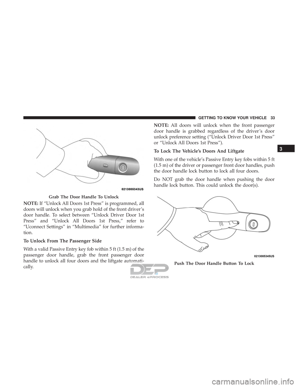 JEEP RENEGADE LATITUDE 2017 Owners Guide Push The Door Handle Button To Lock
3
GETTING TO KNOW YOUR VEHICLE 33  