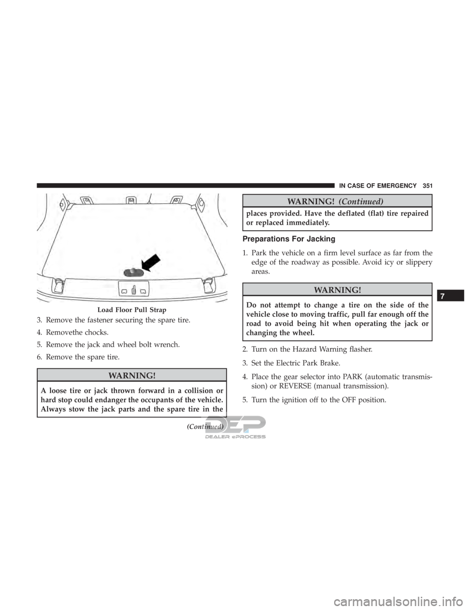 JEEP RENEGADE LATITUDE 2017 Owners Manual 3. Remove the fastener securing the spare tire.
4. Removethe chocks.
5. Remove the jack and wheel bolt wrench.
6. Remove the spare tire. JEEP RENEGADE LATITUDE 2017 Owners Manual 3. Remove the fastener securing the spare tire.
4. Removethe chocks.
5. Remove the jack and wheel bolt wrench.
6. Remove the spare tire.