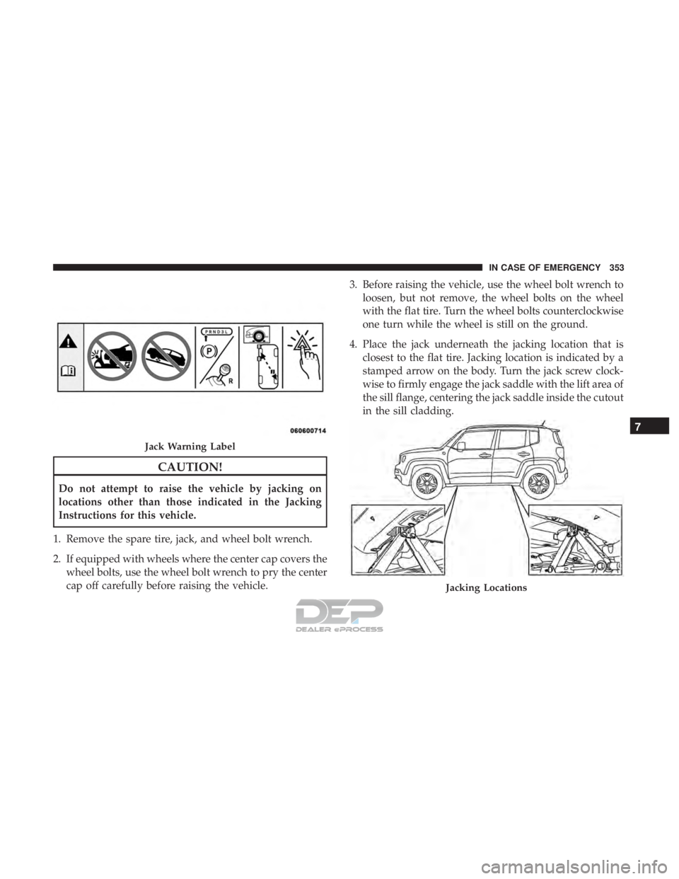 JEEP RENEGADE LATITUDE 2017 Owners Manual Jacking Locations
7
IN CASE OF EMERGENCY 353 JEEP RENEGADE LATITUDE 2017 Owners Manual Jacking Locations
7
IN CASE OF EMERGENCY 353