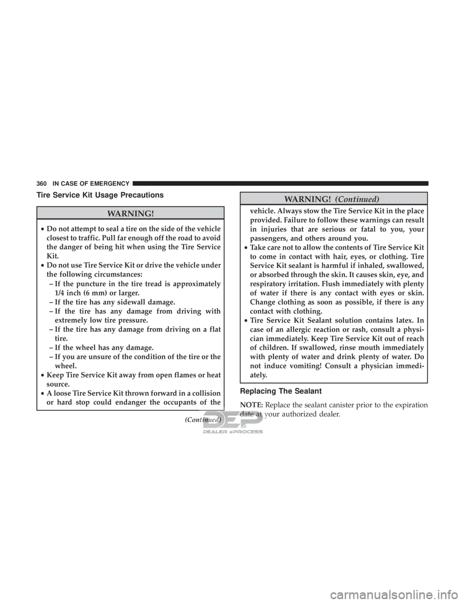 JEEP RENEGADE LATITUDE 2017  Owners Manual Tire Service Kit Usage Precautions  