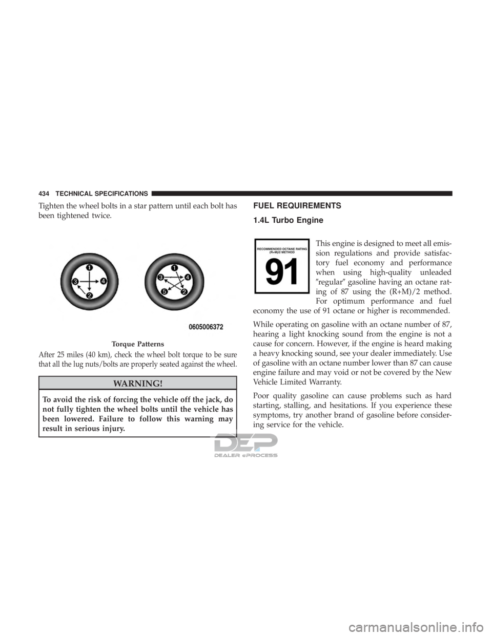 JEEP RENEGADE LATITUDE 2017 Owners Manual Tighten the wheel bolts in a star pattern until each bolt has
been tightened twice.
After 25 miles (40 km), check the wheel bolt torque to be sure
that all the lug nuts/bolts are properly seated again JEEP RENEGADE LATITUDE 2017 Owners Manual Tighten the wheel bolts in a star pattern until each bolt has
been tightened twice.
After 25 miles (40 km), check the wheel bolt torque to be sure
that all the lug nuts/bolts are properly seated again