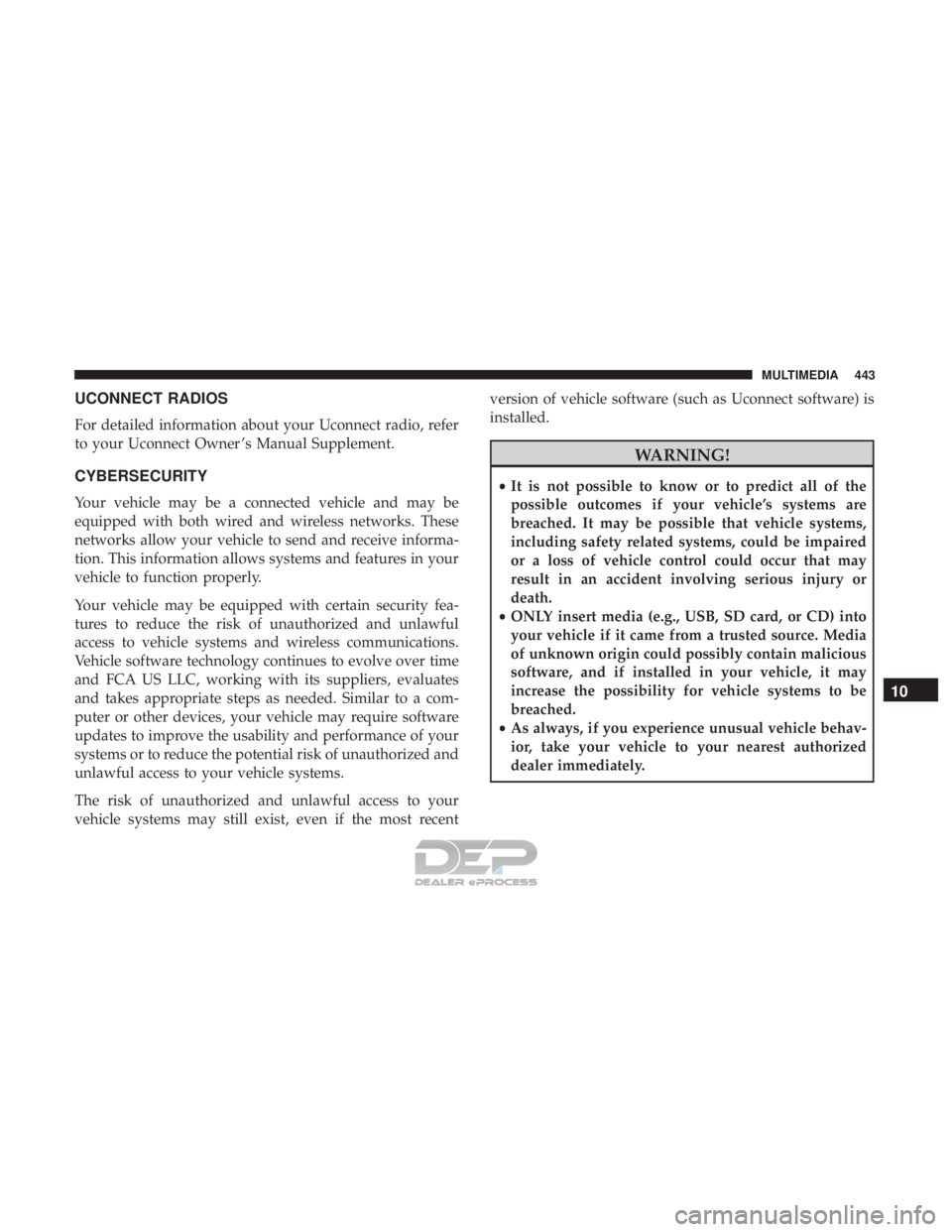 JEEP RENEGADE LATITUDE 2017 Owners Manual UCONNECT RADIOS
For detailed information about your Uconnect radio, refer
to your Uconnect Owner ’s Manual Supplement.
CYBERSECURITY
Your vehicle may be a connected vehicle and may be
equipped with JEEP RENEGADE LATITUDE 2017 Owners Manual UCONNECT RADIOS
For detailed information about your Uconnect radio, refer
to your Uconnect Owner ’s Manual Supplement.
CYBERSECURITY
Your vehicle may be a connected vehicle and may be
equipped with