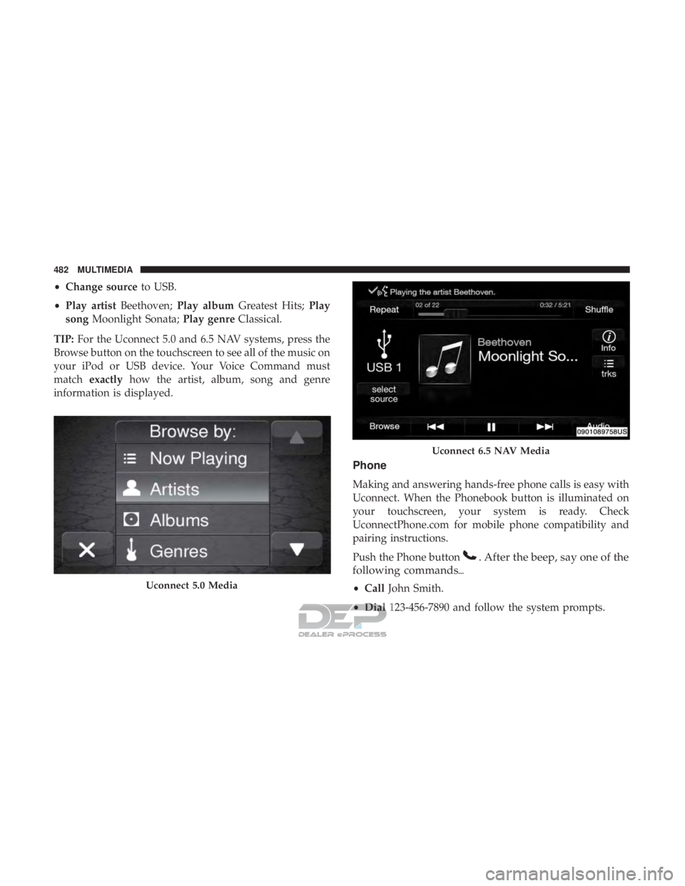 JEEP RENEGADE LATITUDE 2017  Owners Manual . After the beep, say one of the
following commands
• Call John Smith.
• Dial 123-456-7890 and follow the system prompts.
Uconnect 6.5 NAV Media
482 MULTIMEDIA  