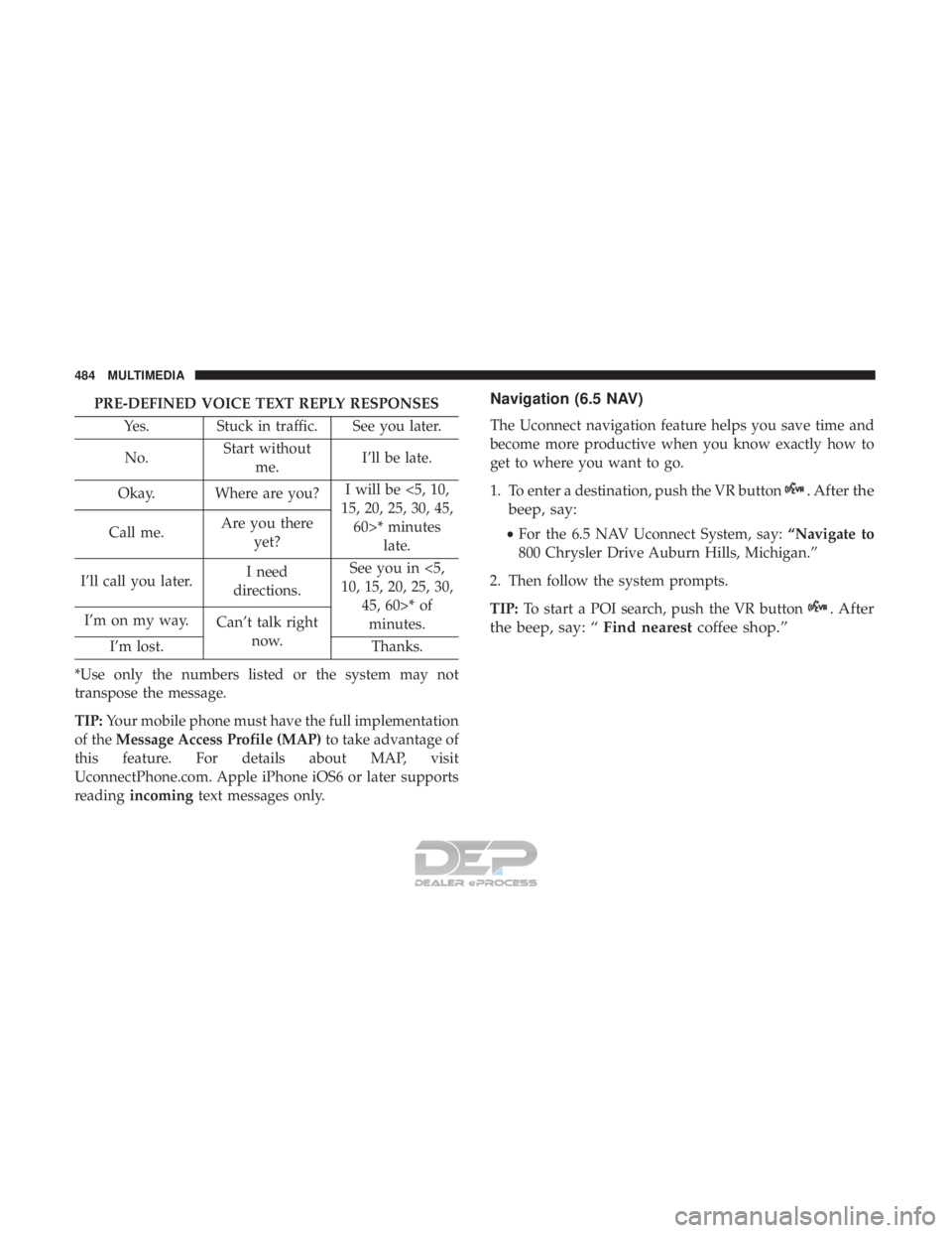 JEEP RENEGADE LATITUDE 2017  Owners Manual . After the
beep, say:
• For the 6.5 NAV Uconnect System, say: “Navigate to
800 Chrysler Drive Auburn Hills, Michigan.”
2. Then follow the system prompts.
TIP: To start a POI search, push the VR