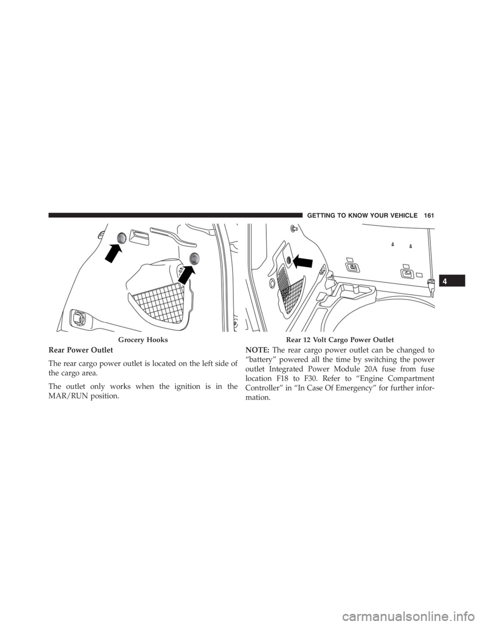 JEEP RENEGADE TRAILHAWK 2016  Owners Manual Rear 12 Volt Cargo Power Outlet
GETTING TO KNOW YOUR VEHICLE 161 