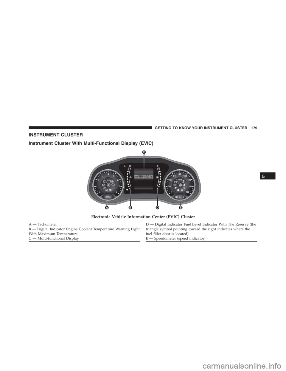JEEP RENEGADE TRAILHAWK 2016  Owners Manual D — Digital Indicator Fuel Level Indicator With The Reserve (the
triangle symbol pointing toward the right indicates where the
fuel filler door is located)
E — Speedometer (speed indicator)
GETTIN