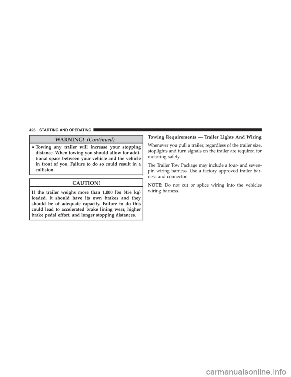 JEEP RENEGADE TRAILHAWK 2016 Owners Manual CAUTION!
If the trailer weighs more than 1,000 lbs (454 kg)
loaded, it should have its own brakes and they
should be of adequate capacity. Failure to do this
could lead to accelerated brake lining wea JEEP RENEGADE TRAILHAWK 2016 Owners Manual CAUTION!
If the trailer weighs more than 1,000 lbs (454 kg)
loaded, it should have its own brakes and they
should be of adequate capacity. Failure to do this
could lead to accelerated brake lining wea