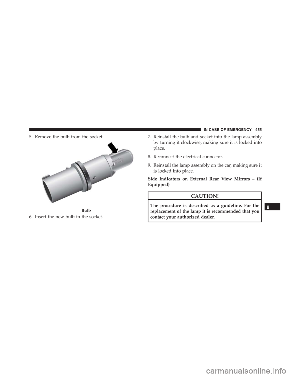 JEEP RENEGADE TRAILHAWK 2016 Owners Manual CAUTION!
The procedure is described as a guideline. For the
replacement of the lamp it is recommended that you
contact your authorized dealer.
Bulb
IN CASE OF EMERGENCY 455 JEEP RENEGADE TRAILHAWK 2016 Owners Manual CAUTION!
The procedure is described as a guideline. For the
replacement of the lamp it is recommended that you
contact your authorized dealer.
Bulb
IN CASE OF EMERGENCY 455