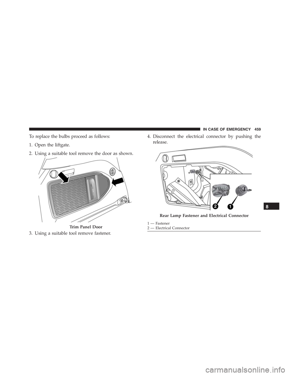 JEEP RENEGADE TRAILHAWK 2016 Owners Manual Rear Lamp Fastener and Electrical Connector
IN CASE OF EMERGENCY 459 JEEP RENEGADE TRAILHAWK 2016 Owners Manual Rear Lamp Fastener and Electrical Connector
IN CASE OF EMERGENCY 459