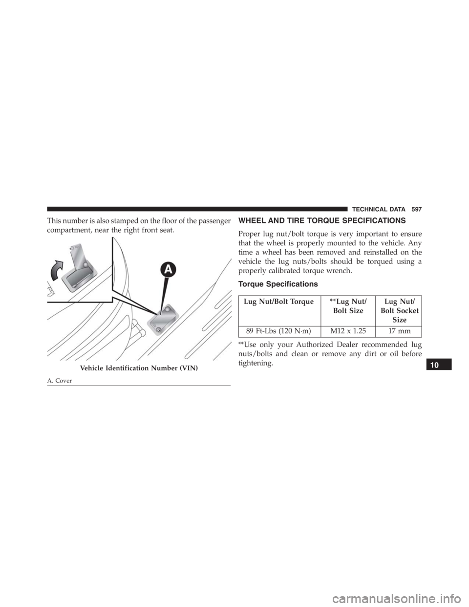 JEEP RENEGADE TRAILHAWK 2016 Owners Manual A. Cover
WHEEL AND TIRE TORQUE SPECIFICATIONS
Proper lug nut/bolt torque is very important to ensure
that the wheel is properly mounted to the vehicle. Any
time a wheel has been removed and reinstalle JEEP RENEGADE TRAILHAWK 2016 Owners Manual A. Cover
WHEEL AND TIRE TORQUE SPECIFICATIONS
Proper lug nut/bolt torque is very important to ensure
that the wheel is properly mounted to the vehicle. Any
time a wheel has been removed and reinstalle