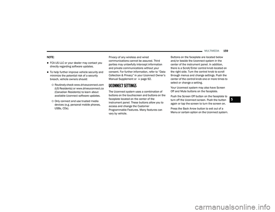 JEEP RENEGADE 2022  Owners Manual 5

21_BV_OM_EN_USC_t.book  Page 159   