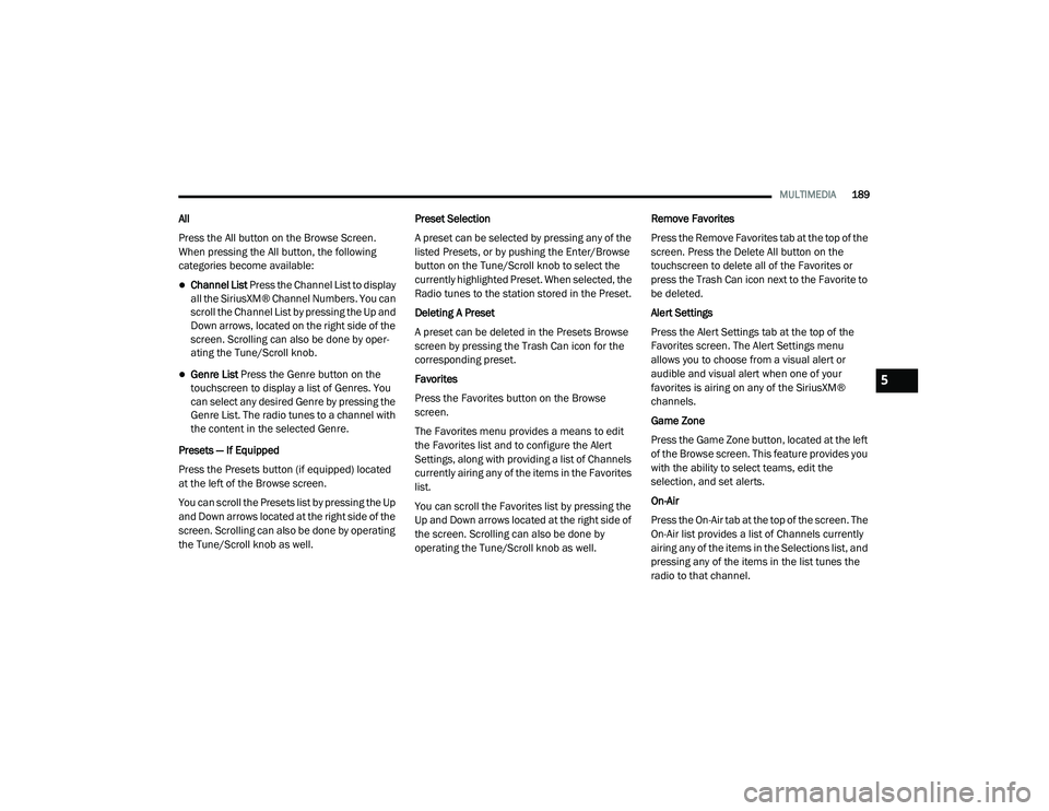 JEEP RENEGADE 2022  Owners Manual 5

21_BV_OM_EN_USC_t.book  Page 189   