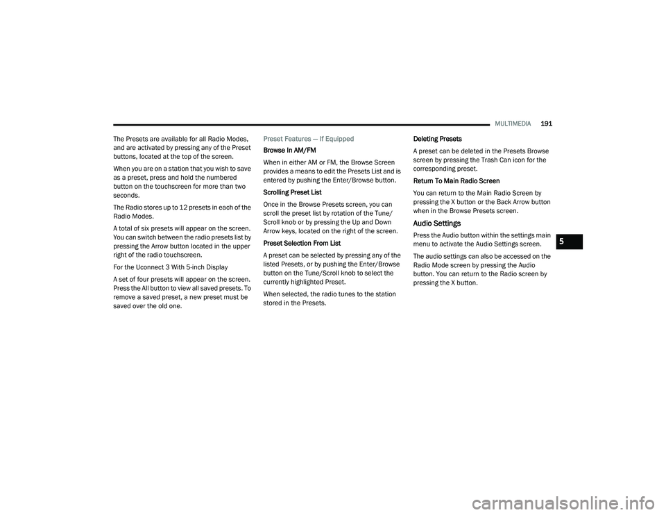JEEP RENEGADE 2022  Owners Manual 5

21_BV_OM_EN_USC_t.book  Page 191   