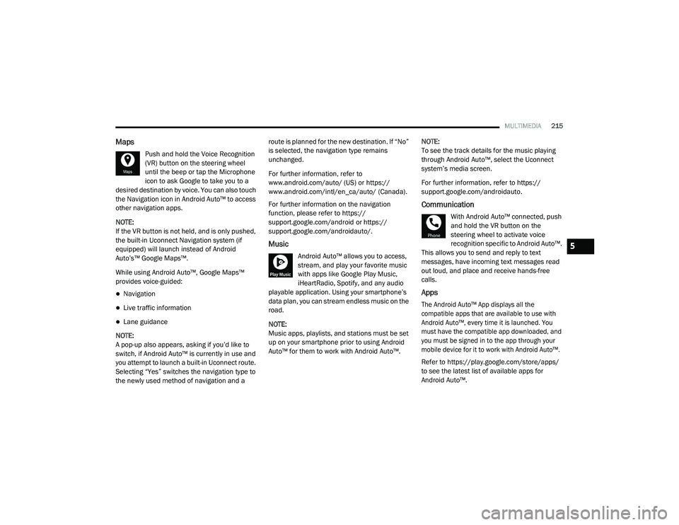 JEEP RENEGADE 2022  Owners Manual 5

21_BV_OM_EN_USC_t.book  Page 215   
