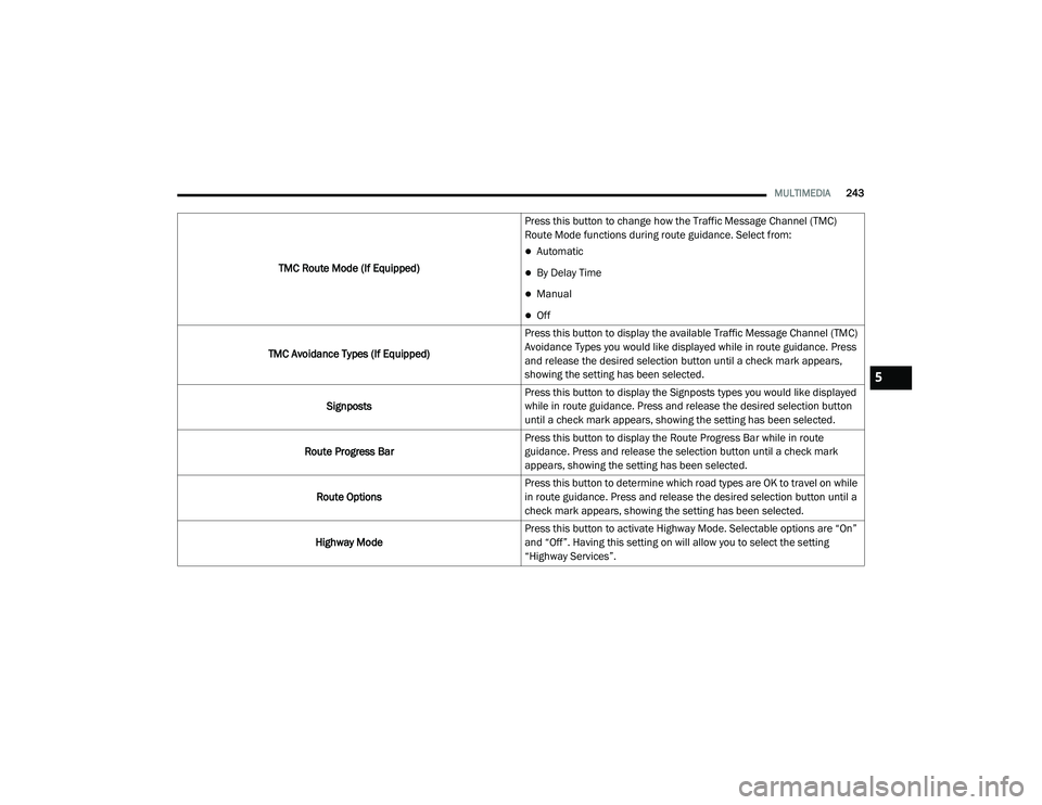 JEEP RENEGADE 2022  Owners Manual 5

21_BV_OM_EN_USC_t.book  Page 243   