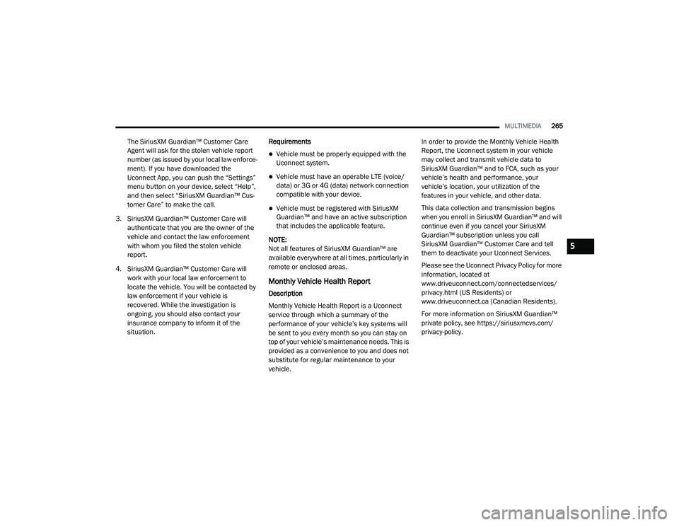 JEEP RENEGADE 2022  Owners Manual 5

21_BV_OM_EN_USC_t.book  Page 265   