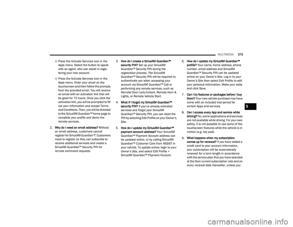 JEEP RENEGADE 2022  Owners Manual 5

21_BV_OM_EN_USC_t.book  Page 273   